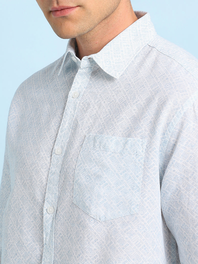 Men Blue Printed Spread Collar Full Sleeves Casual Shirt