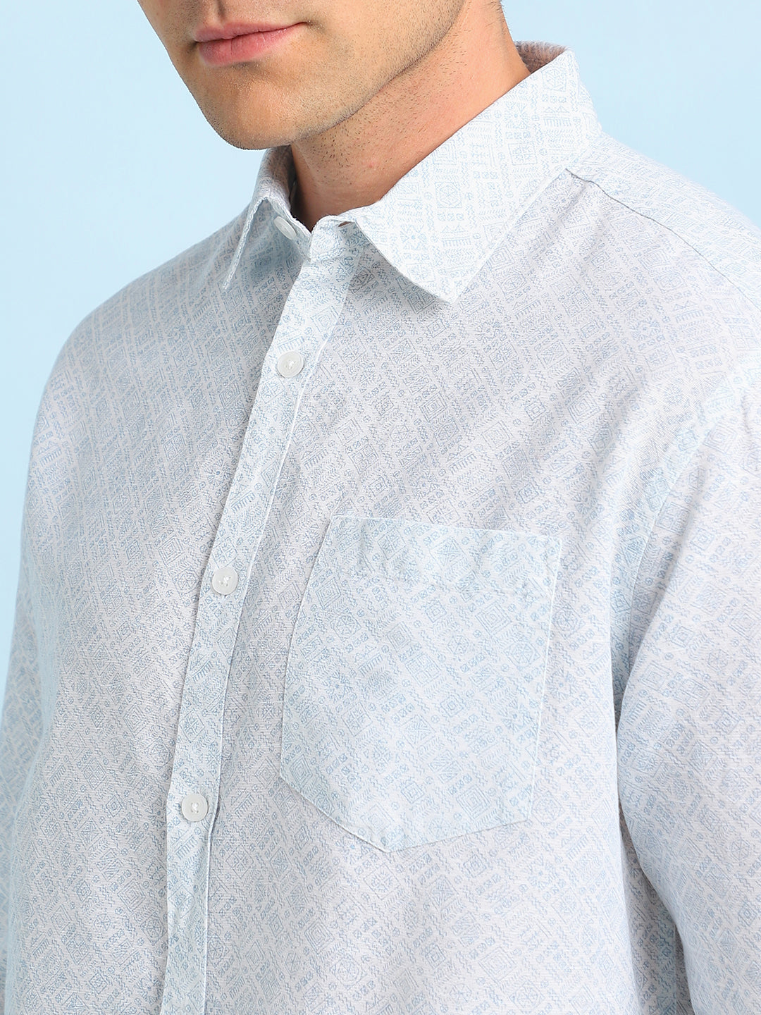 Men Blue Printed Spread Collar Full Sleeves Casual Shirt