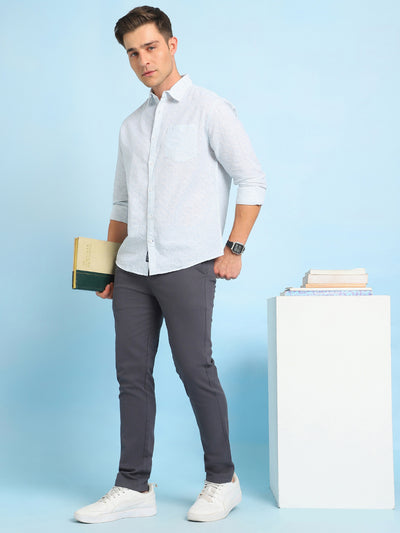 Men Blue Printed Spread Collar Full Sleeves Casual Shirt