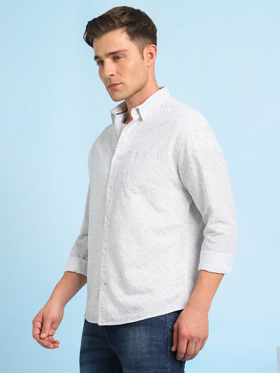 Men Olive Printed Spread Collar Full Sleeves Casual Shirt