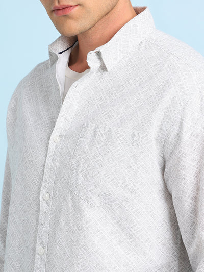 Men Olive Printed Spread Collar Full Sleeves Casual Shirt