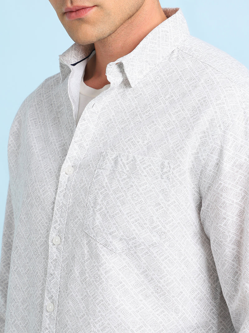 Men Olive Printed Spread Collar Full Sleeves Casual Shirt