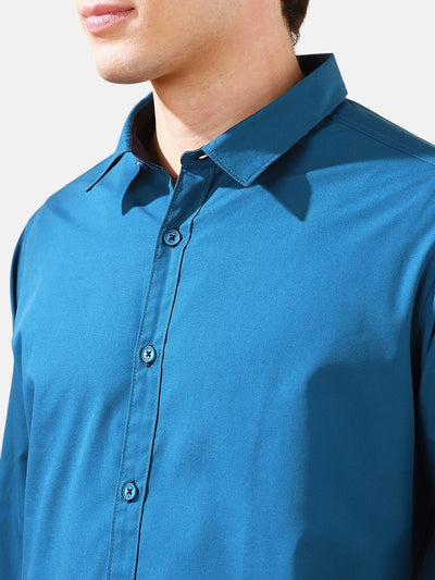 Men Teal Solid Spread Collar Full Sleeves Regular Fit Casual Shirt