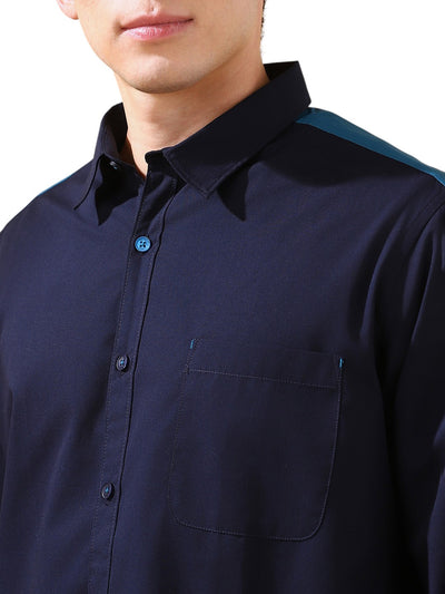 Men Navy Solid Spread Collar Full Sleeves Regular Fit Casual Shirt