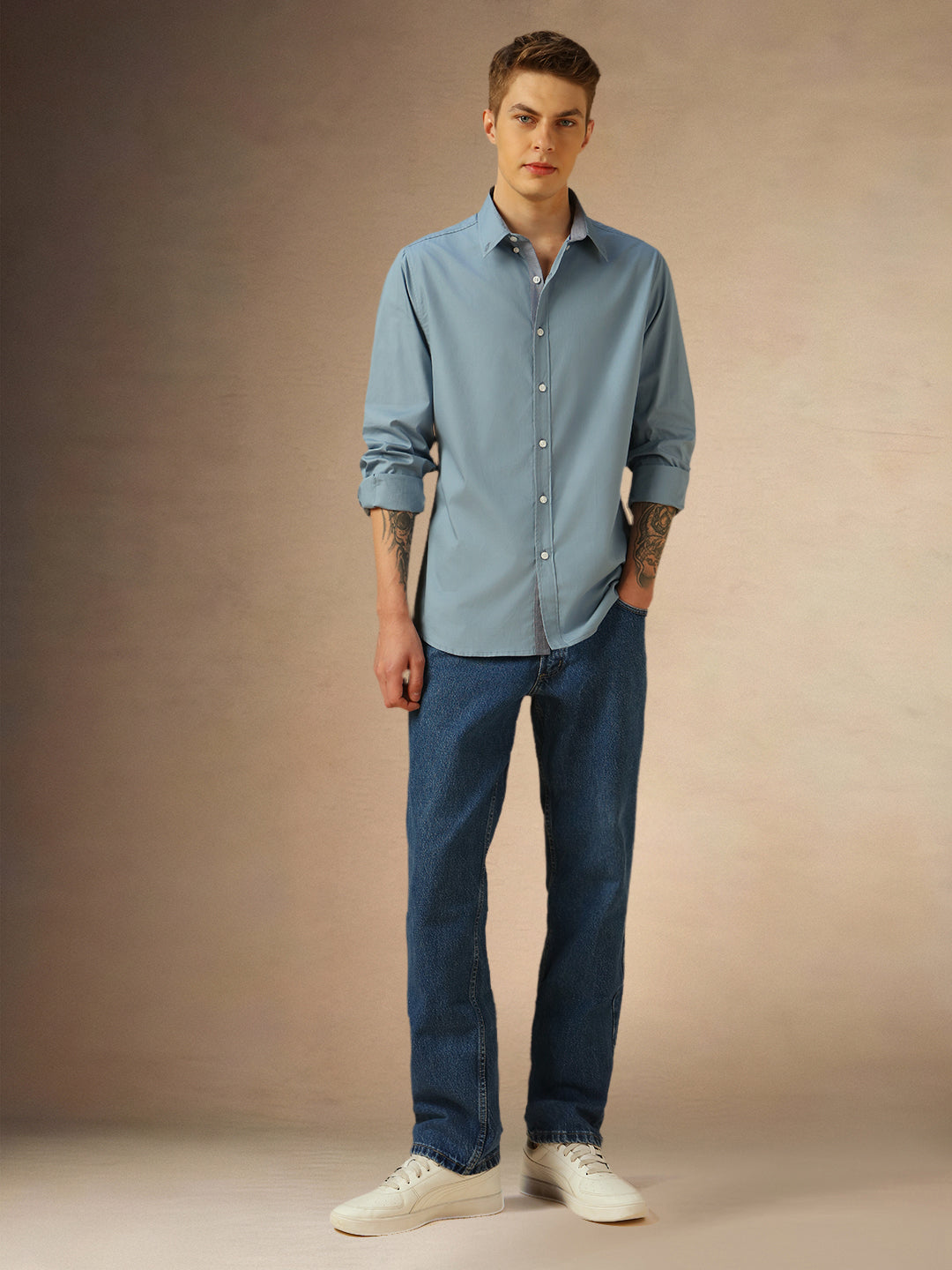 Men's Dark Blue Solid Button Down Collar Full Sleeves Shirt