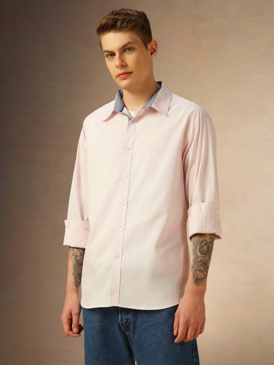 Men's Fresh Pink Solid Button Down Collar Full Sleeves Shirt