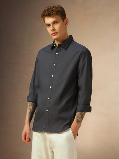 Men's Grey Solid Button Down Collar Full Sleeves Shirt