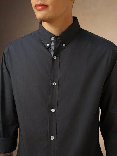 Men's Grey Solid Button Down Collar Full Sleeves Shirt