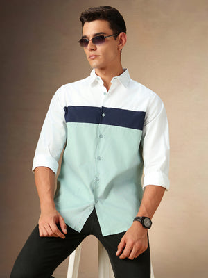 Men's White Colourblocked Spread Collar Full Sleeves Casual Shirt