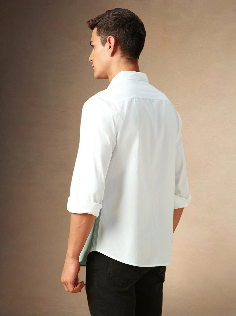 Men's White Colourblocked Spread Collar Full Sleeves Casual Shirt