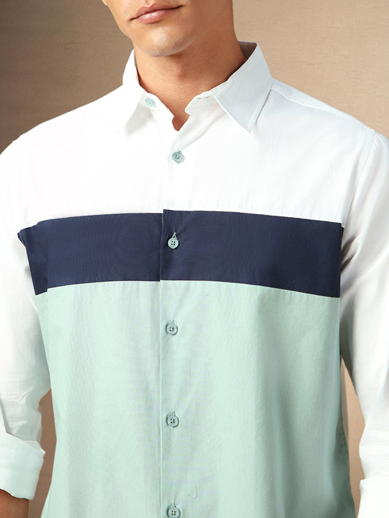 Men's White Colourblocked Spread Collar Full Sleeves Casual Shirt