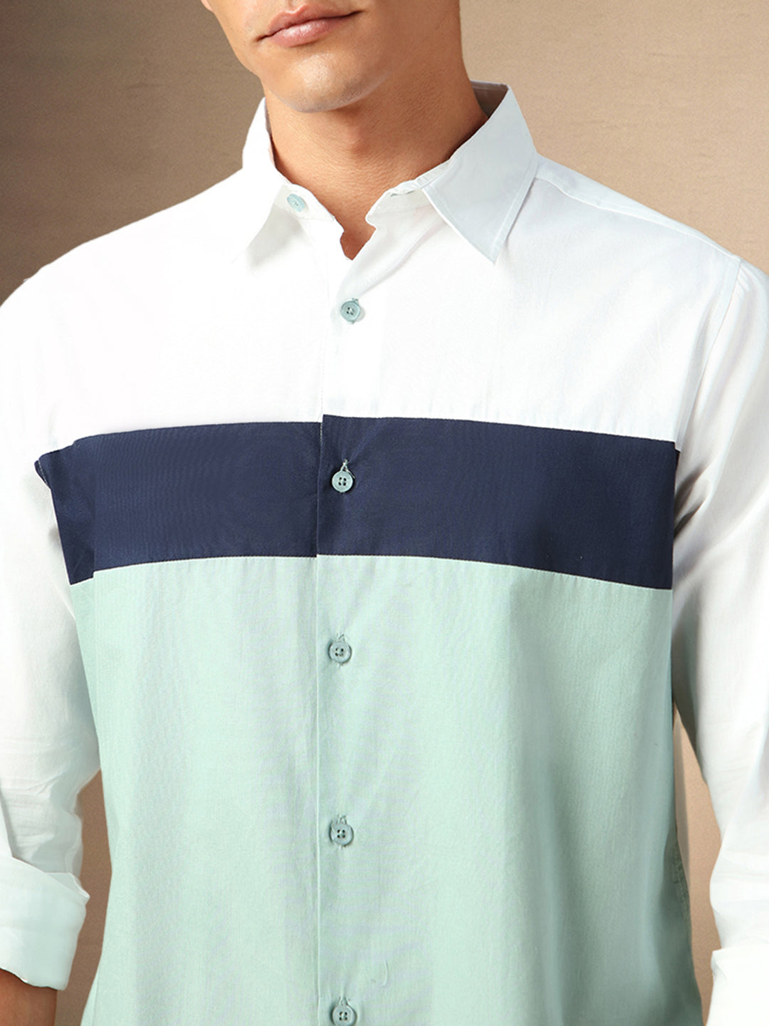 Men's White Colourblocked Spread Collar Full Sleeves Casual Shirt