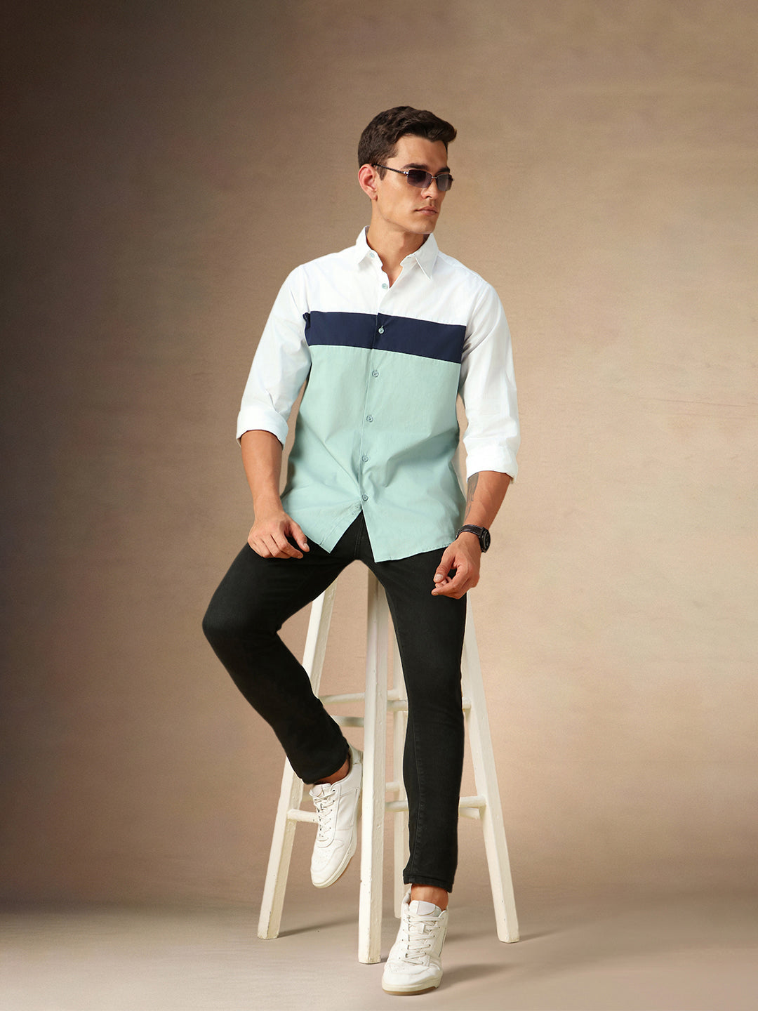 Men's White Colourblocked Spread Collar Full Sleeves Casual Shirt