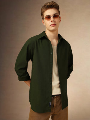 Men's Olive Textured Spread Collar Full Sleeves Casual Shirt