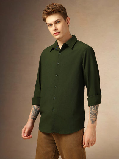 Men's Olive Textured Spread Collar Full Sleeves Casual Shirt