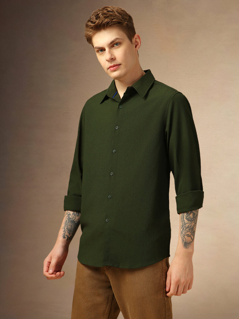 Men's Olive Textured Spread Collar Full Sleeves Casual Shirt