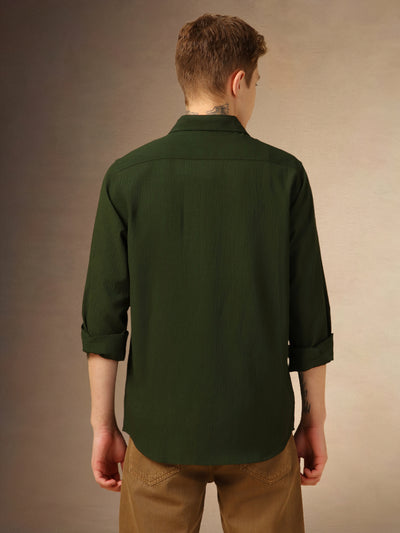 Men's Olive Textured Spread Collar Full Sleeves Casual Shirt