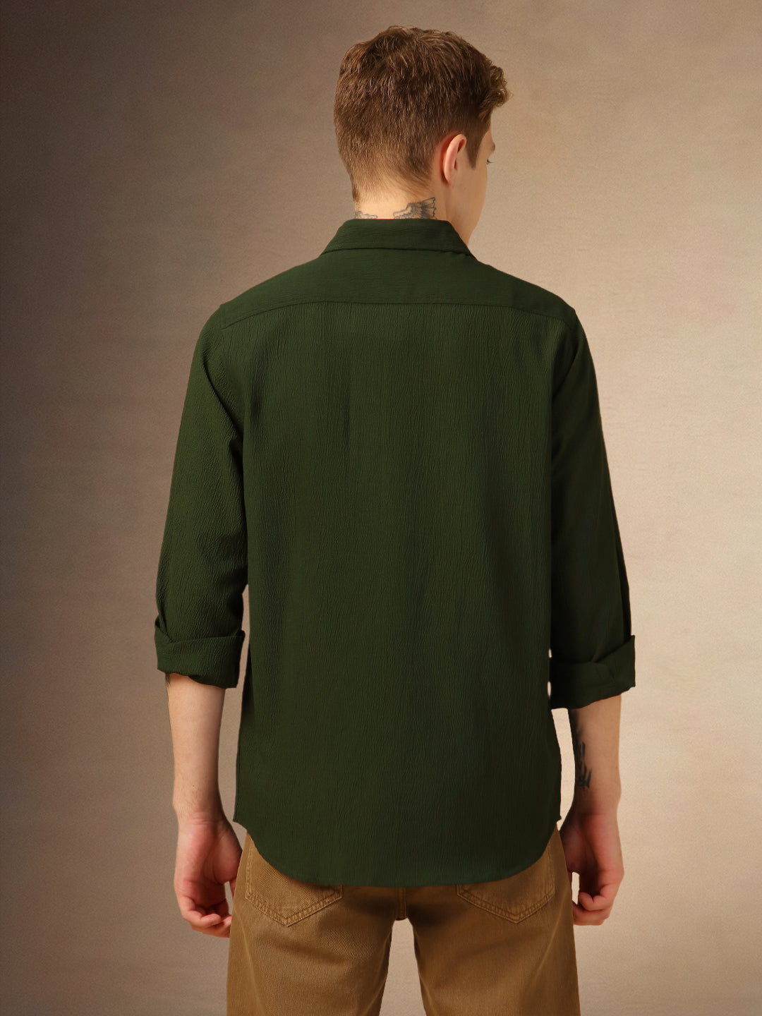 Men's Olive Textured Spread Collar Full Sleeves Casual Shirt