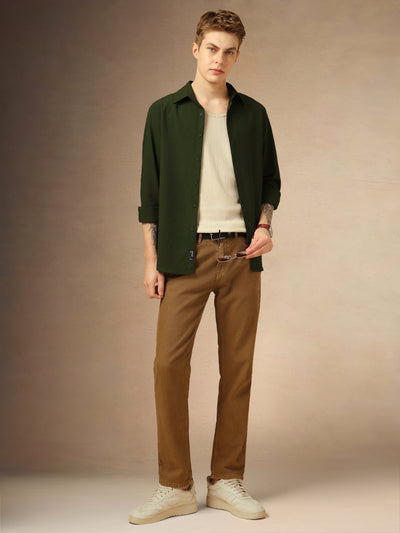 Men's Olive Textured Spread Collar Full Sleeves Casual Shirt