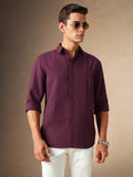 Men's Maroon Textured Spread Collar Full Sleeves Casual Shirt