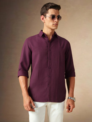 Men's Maroon Textured Spread Collar Full Sleeves Casual Shirt