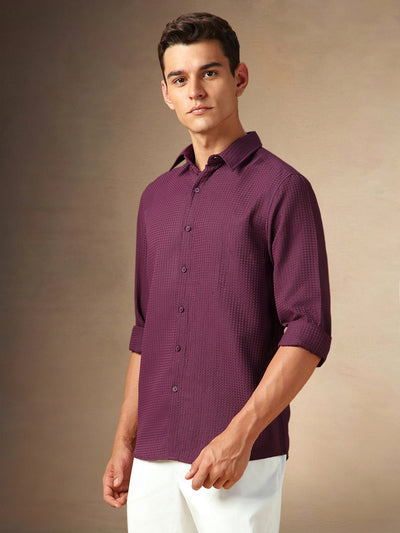 Men's Maroon Textured Spread Collar Full Sleeves Casual Shirt