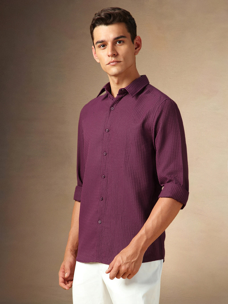 Men's Maroon Textured Spread Collar Full Sleeves Casual Shirt