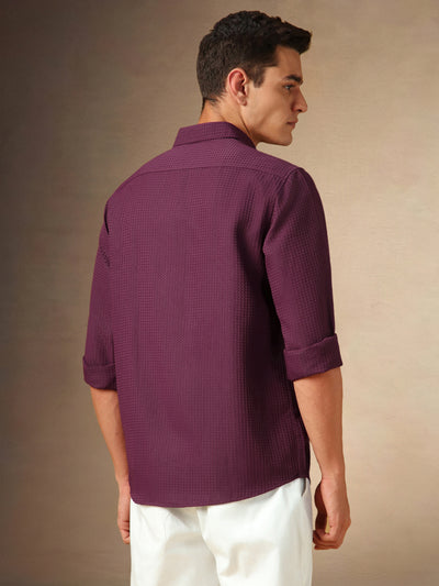 Men's Maroon Textured Spread Collar Full Sleeves Casual Shirt