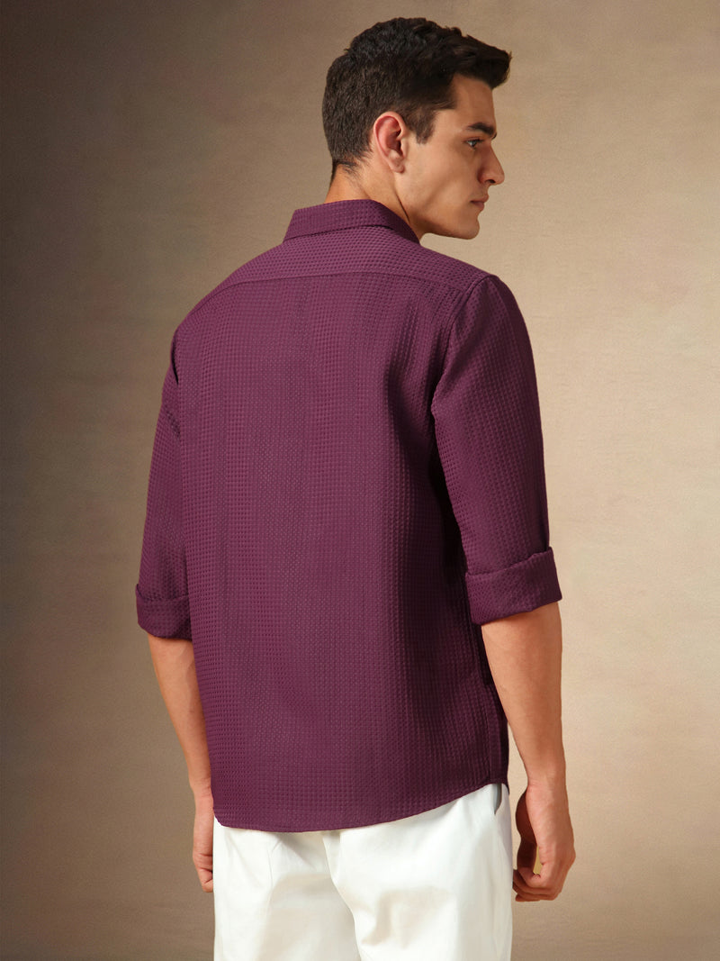 Men's Maroon Textured Spread Collar Full Sleeves Casual Shirt