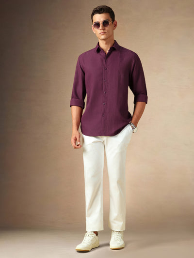 Men's Maroon Textured Spread Collar Full Sleeves Casual Shirt
