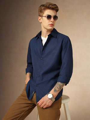 Men's Navy Textured Spread Collar Full Sleeves Casual Shirt