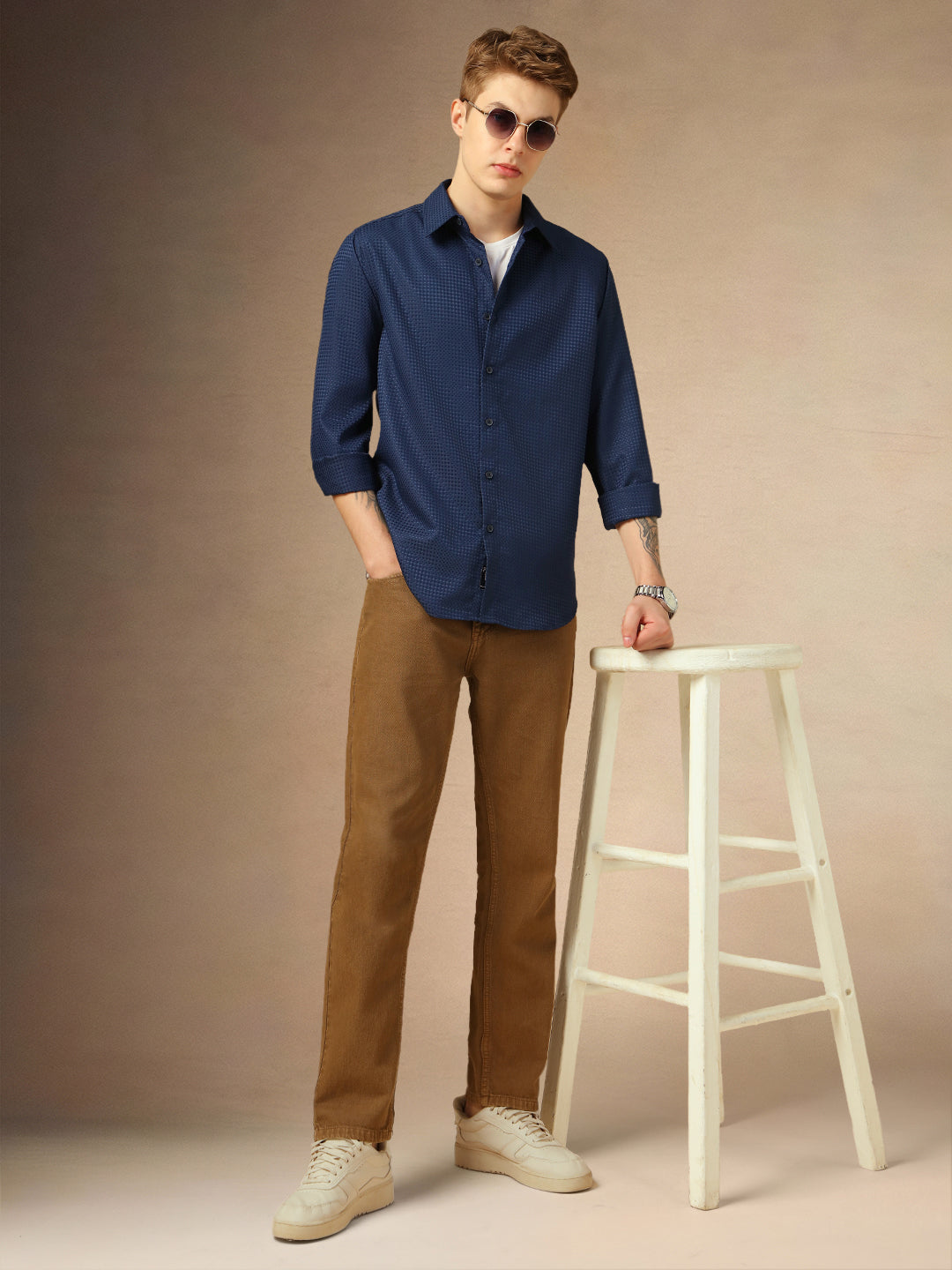 Men's Navy Textured Spread Collar Full Sleeves Casual Shirt