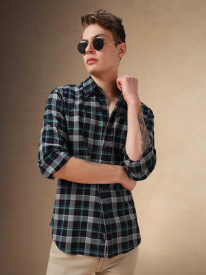 Men's Navy Blue Checks Spread Collar Full Sleeves Shirt