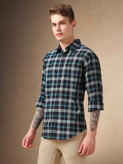 Men's Navy Blue Checks Spread Collar Full Sleeves Shirt
