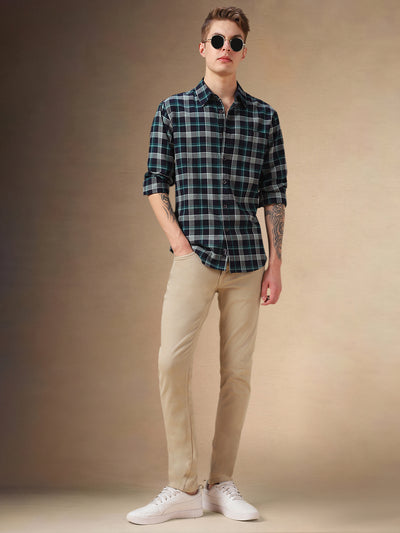 Men's Navy Blue Checks Spread Collar Full Sleeves Shirt