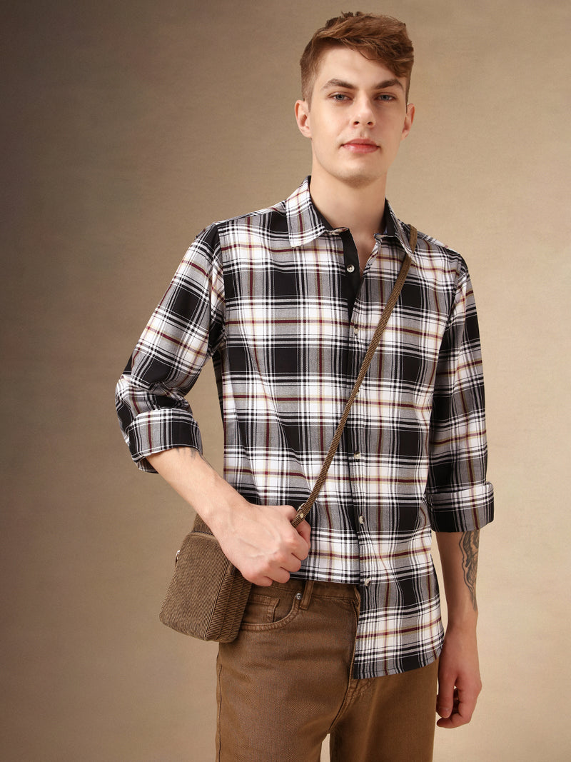 Men's Black Checks Spread Collar Full Sleeves 100% Cotton Casual Shirt