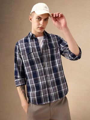 Men's Navy Checks Spread Collar Full Sleeves 100% Cotton Casual Shirt