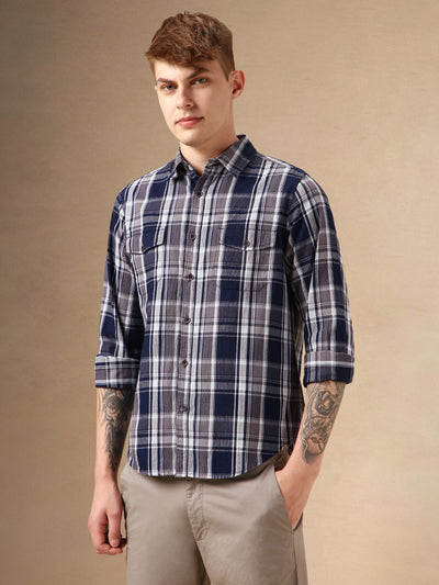 Men's Navy Checks Spread Collar Full Sleeves 100% Cotton Casual Shirt