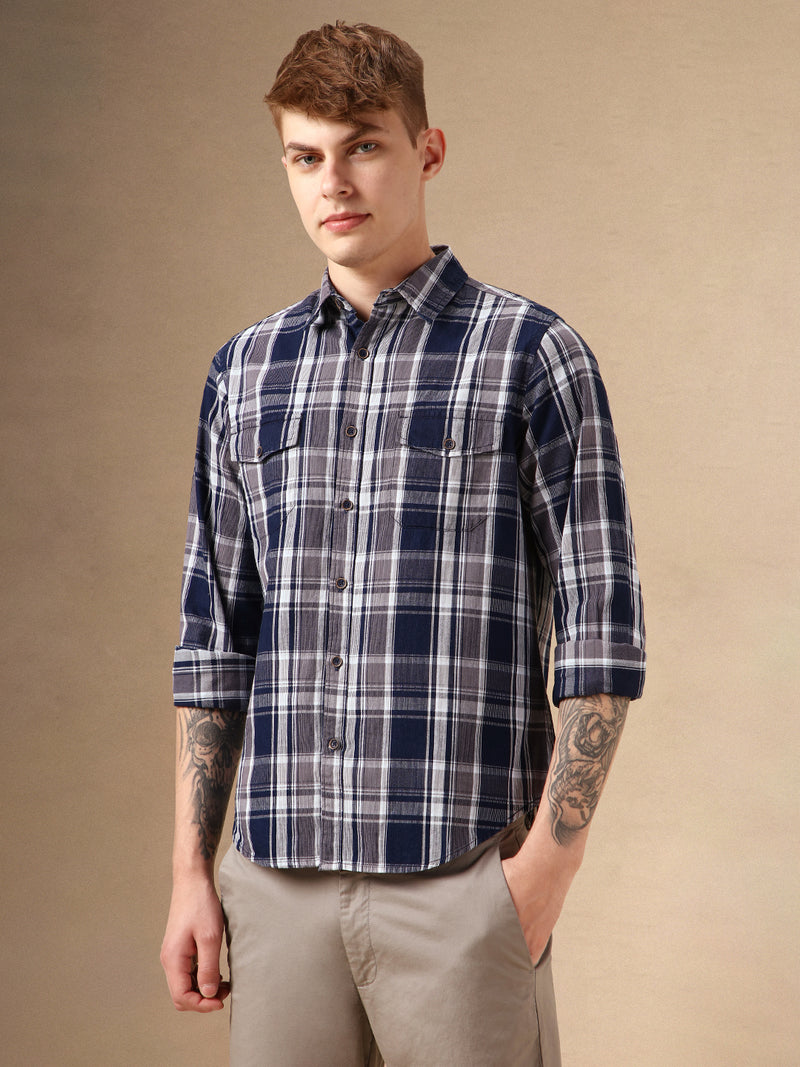 Men's Navy Checks Spread Collar Full Sleeves 100% Cotton Casual Shirt