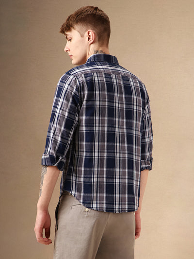 Men's Navy Checks Spread Collar Full Sleeves 100% Cotton Casual Shirt