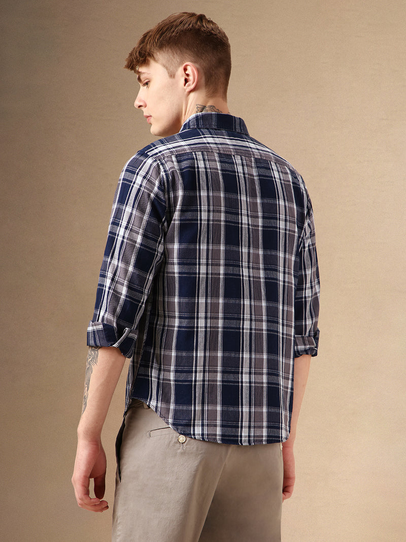 Men's Navy Checks Spread Collar Full Sleeves 100% Cotton Casual Shirt