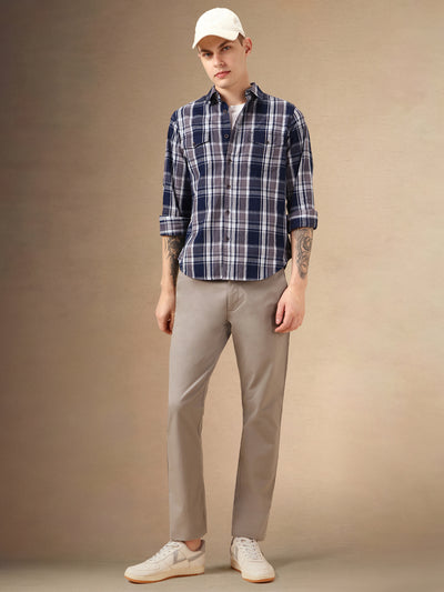 Men's Navy Checks Spread Collar Full Sleeves 100% Cotton Casual Shirt