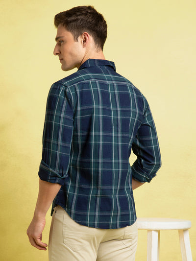 Men's Navy Blue Checks Spread Collar Full Sleeves Casual Shirt
