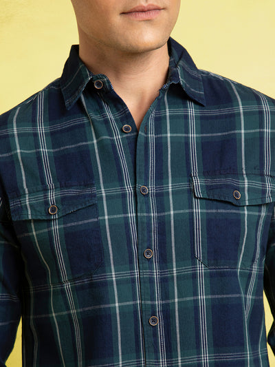 Men's Navy Blue Checks Spread Collar Full Sleeves Casual Shirt