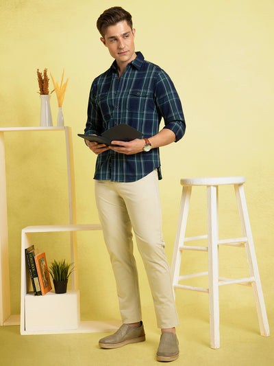 Men's Navy Blue Checks Spread Collar Full Sleeves Casual Shirt