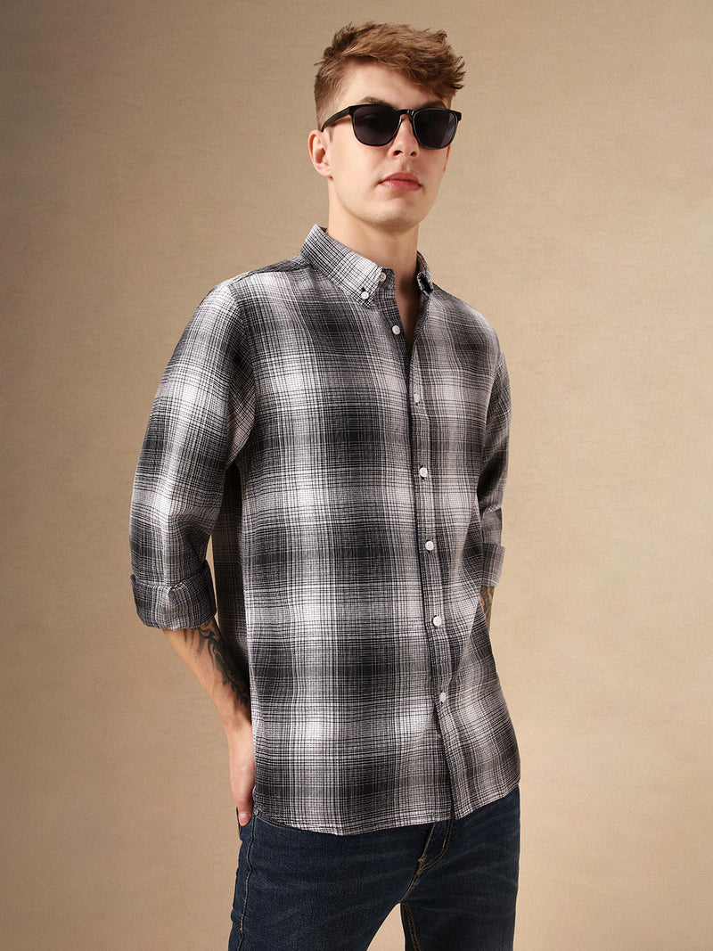 Men's Black Checks Button Down Collar Full Sleeves 100% Cotton Casual Shirt