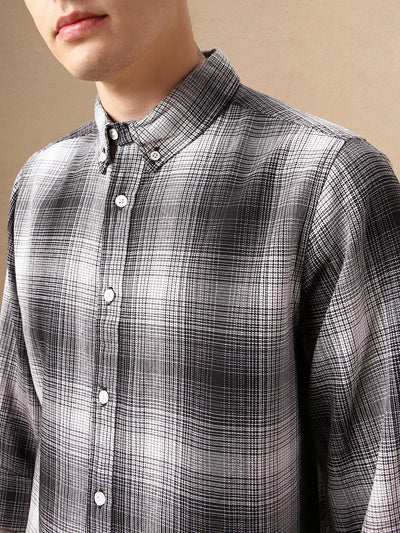 Men's Black Checks Button Down Collar Full Sleeves 100% Cotton Casual Shirt
