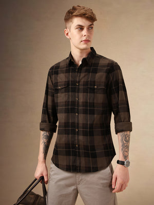 Men's Charcoal Checks Spread Collar Full Sleeves 100% Cotton Casual Shirt