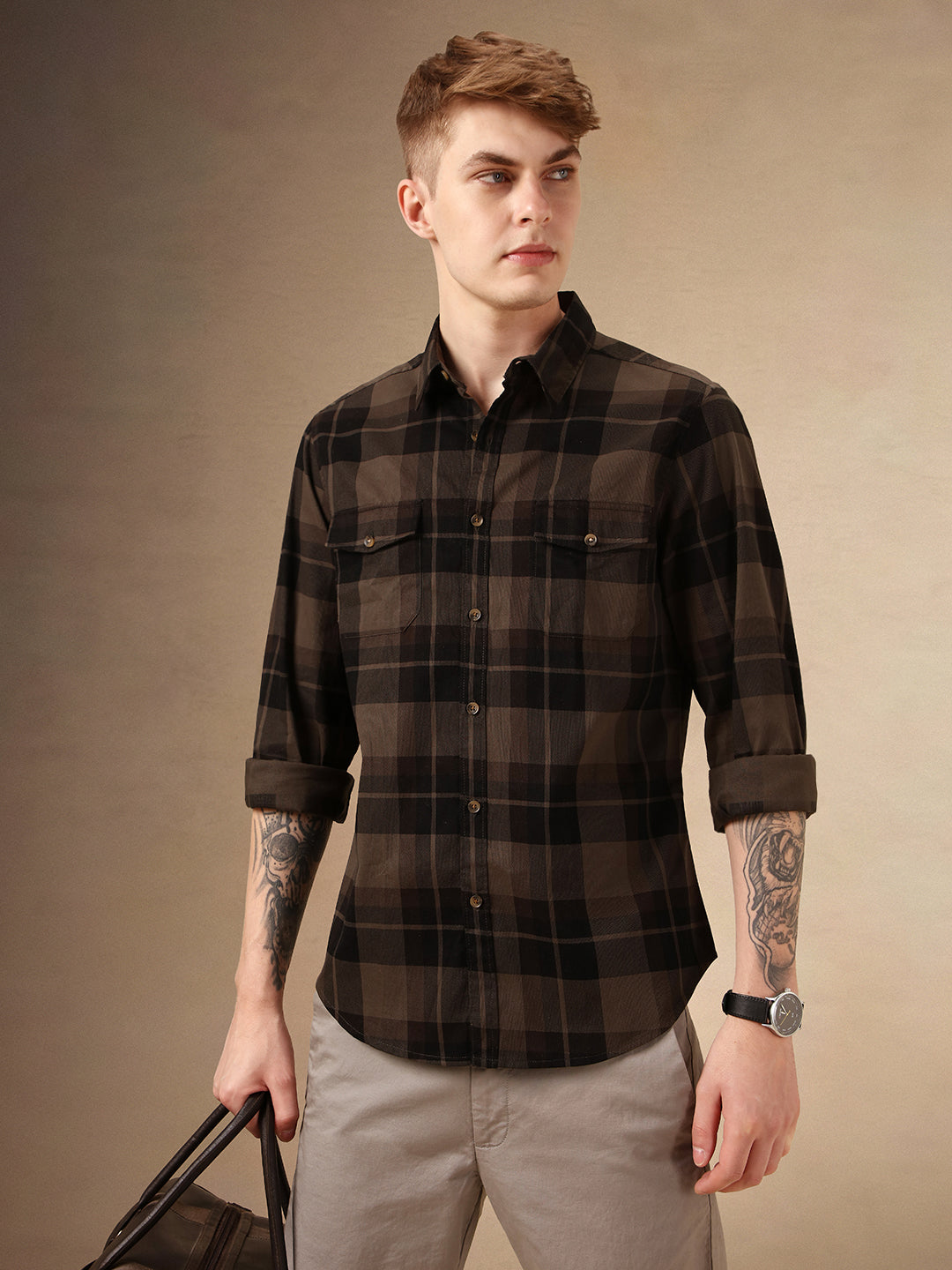 Men's Charcoal Checks Spread Collar Full Sleeves 100% Cotton Casual Shirt