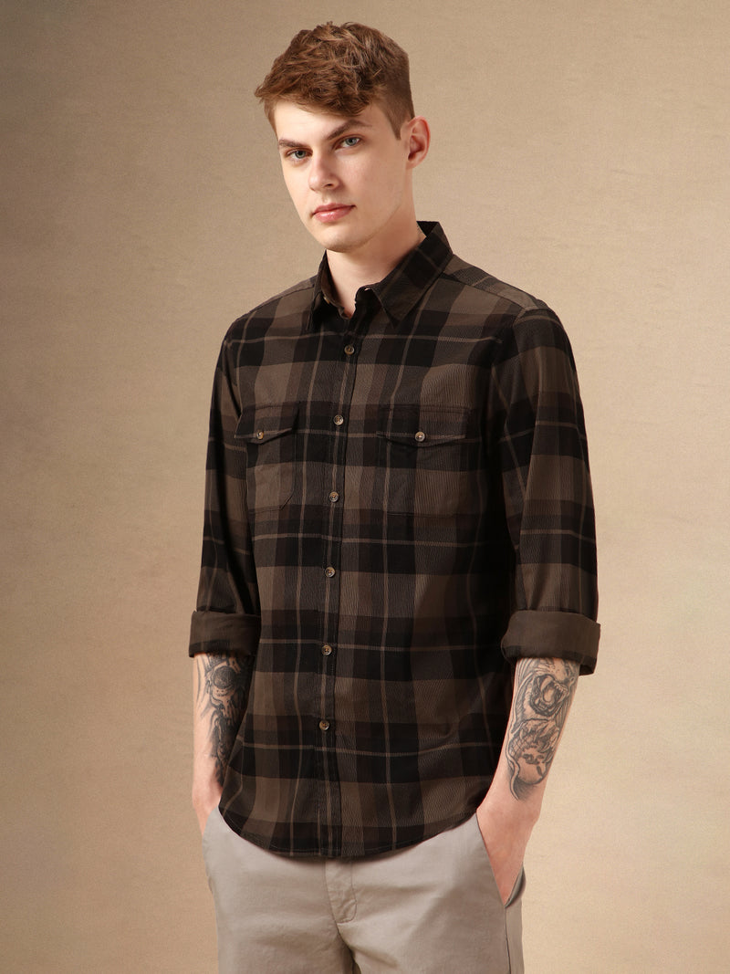 Men's Charcoal Checks Spread Collar Full Sleeves 100% Cotton Casual Shirt